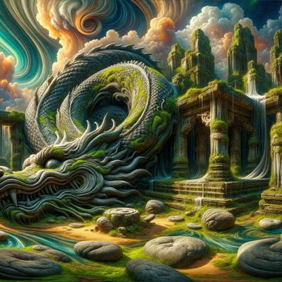 Primary subject: A large, colorful dragon with a long tail and horns, surrounded by a lush green forest.

Setting/background: The dragon is situated in a forest with a waterfall in the background. The scene is set in a fantasy world with a mix of natural elements and artistic creativity.

Visual style: The image is a digital art piece, featuring a vibrant and imaginative design.

Colors and mood: The colors in the image are predominantly